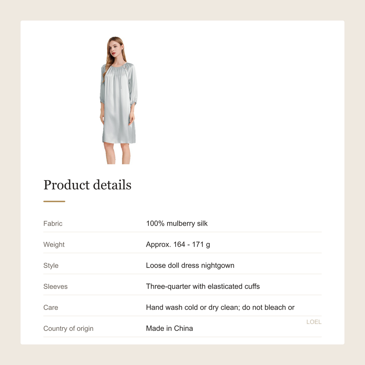 100% Mulberry Silk French Doll Dress Nightgown for Women - Loose-Fit Sleep Dress - product details