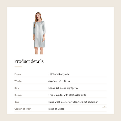 100% Mulberry Silk French Doll Dress Nightgown for Women - Loose-Fit Sleep Dress - product details
