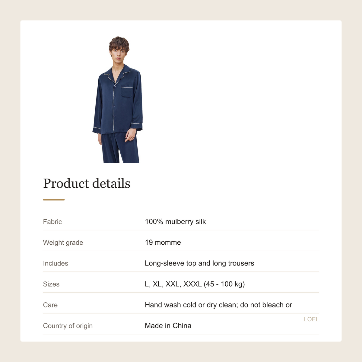 19 Momme 100% Mulberry Silk Pajama Set for Men - Long Sleeve Two-Piece Sleepwear, Sizes L-XXXL - product details
