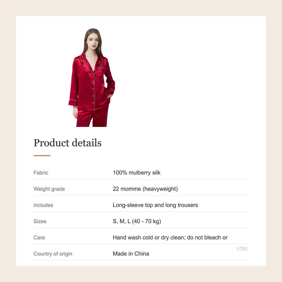 22 Momme 100% Mulberry Silk Pajama Set for Women - Grandeur Long Sleeve Two-Piece - product details