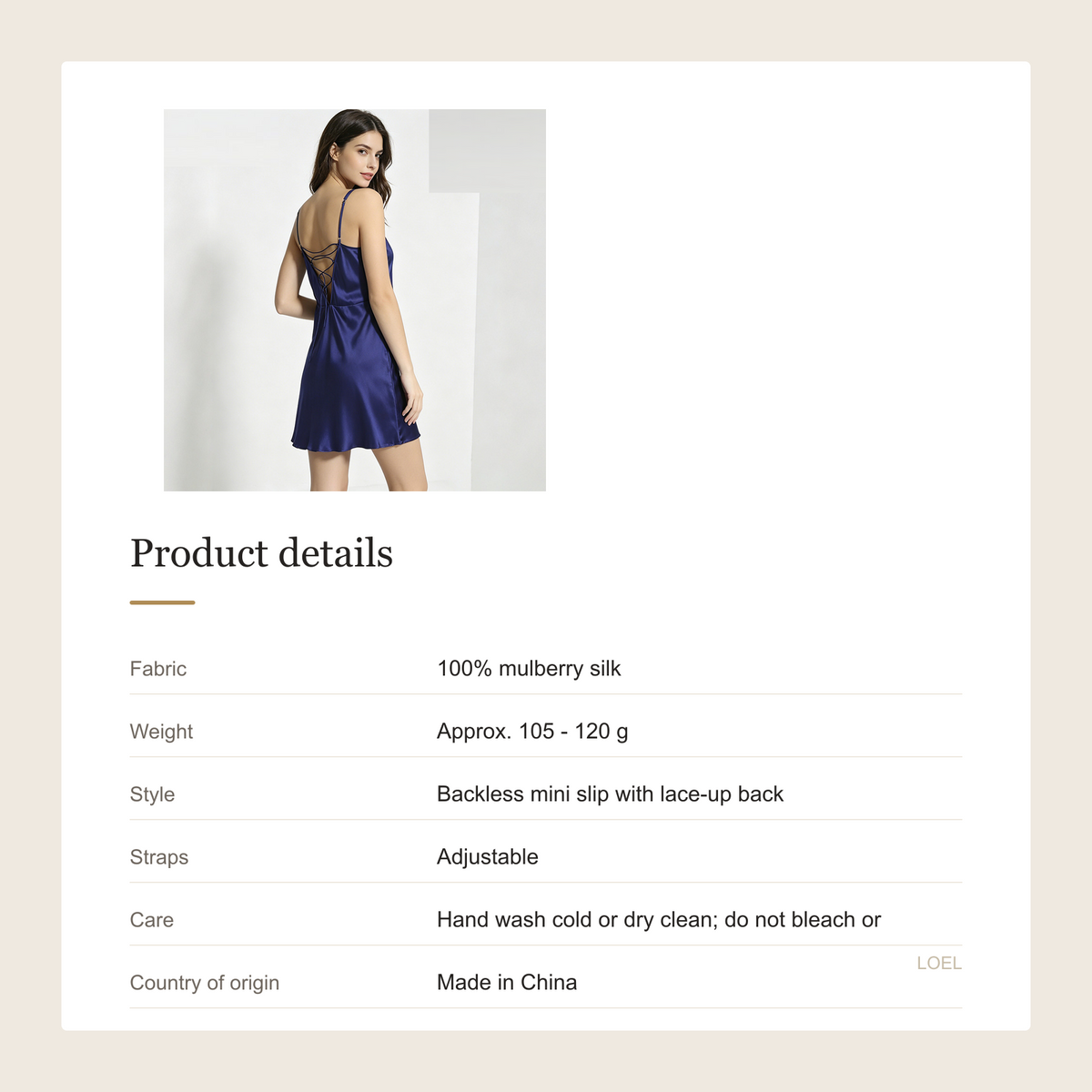 100% Mulberry Silk Backless Slip Dress for Women - Lace-Up Back Mini Nightgown - product details