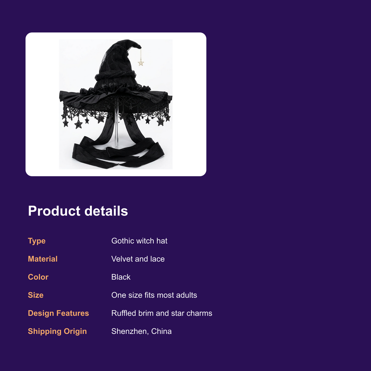 LOEL Gothic Black Velvet Witch Hat with Lace and Star Charms - product details
