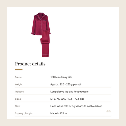 100% Mulberry Silk Long Sleeve Pajama Set for Women - Plus Size Lightweight Sleepwear - product details