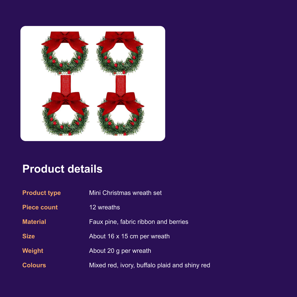 12-Piece Mini Christmas Wreath Ornaments - Farmhouse Cabinet Wreaths with Bows - product details