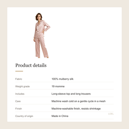 19 Momme 100% Mulberry Silk Pajama Set for Women - Machine Washable Long Sleeve Loungewear - product details
