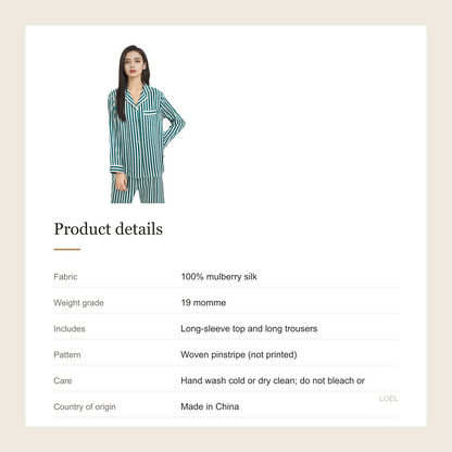 19 Momme 100% Mulberry Silk Striped Pajama Set for Women - Long Sleeve Loungewear - product details