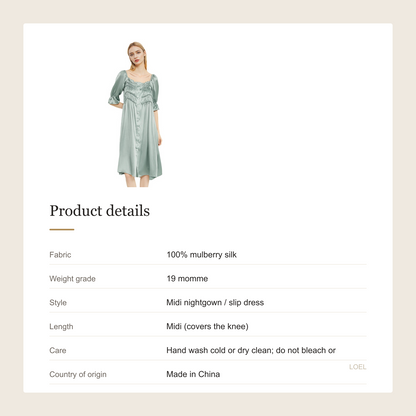 19 Momme 100% Mulberry Silk Nightgown for Women - French Court Midi Dress - product details
