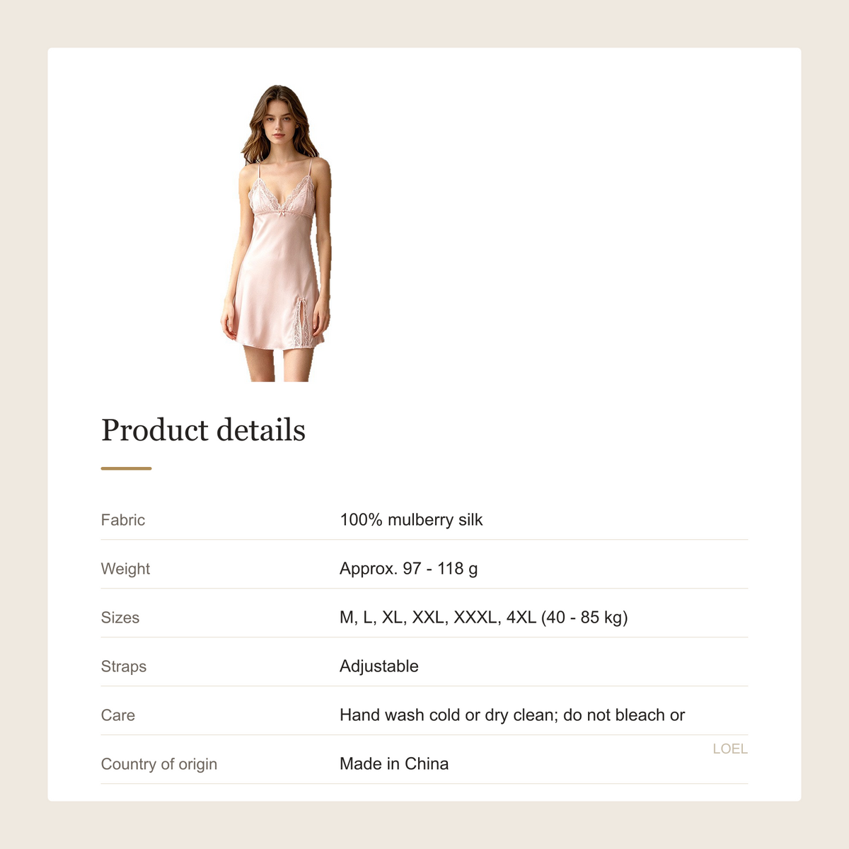 100% Mulberry Silk Slip Nightgown for Women - Lace-Trim Mini Dress, Sizes M to 4XL - product details