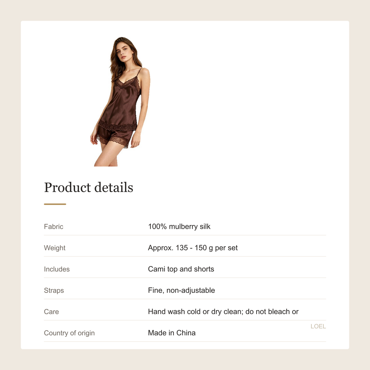 100% Mulberry Silk Cami and Shorts Set for Women - French Style Sleep Set - product details