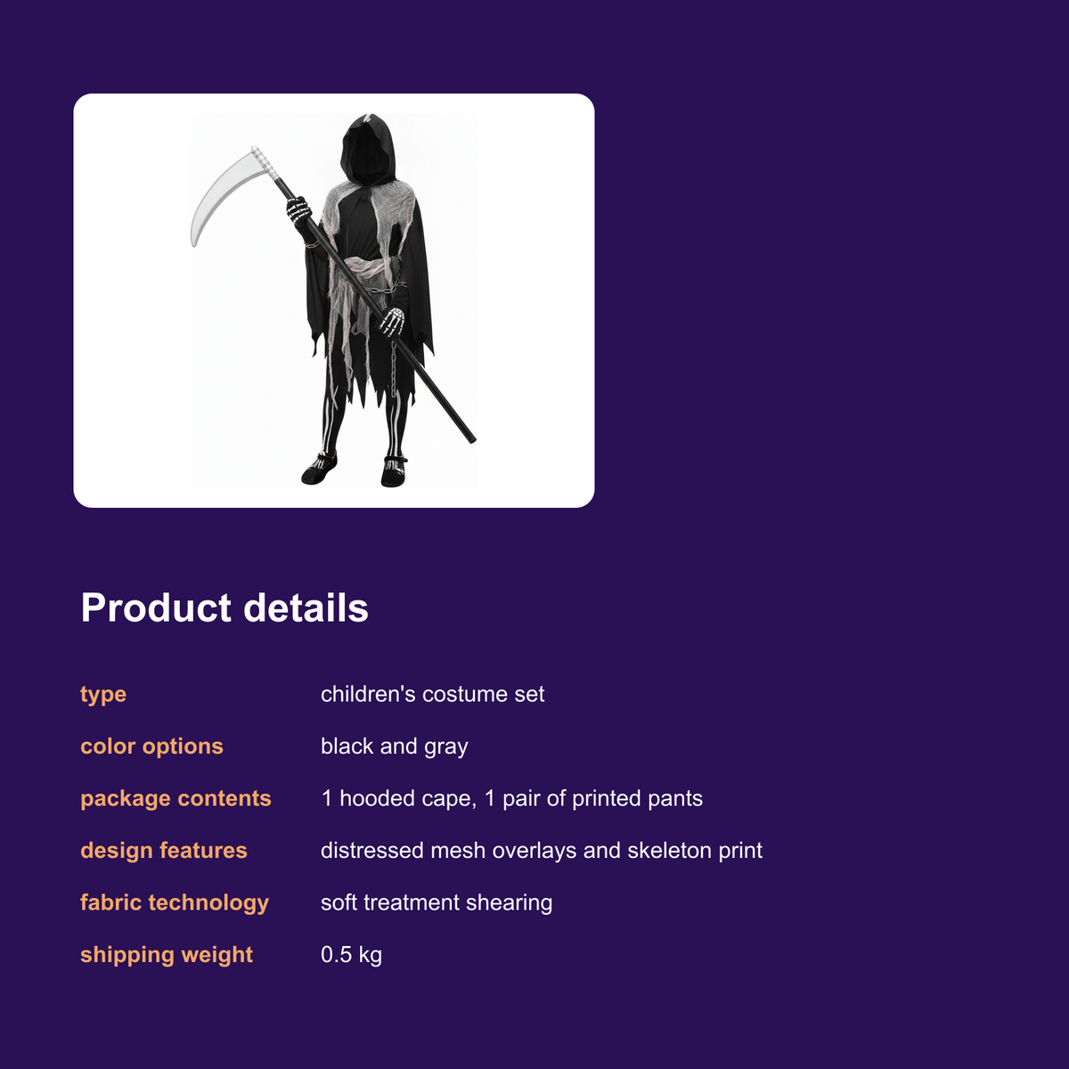 Girls Grim Reaper Halloween Costume with Tattered Hooded Cape and Skeleton Pants - product details