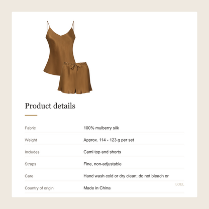 100% Mulberry Silk Cami and Shorts Set for Women - Satin-Finish Summer Sleepwear - product details