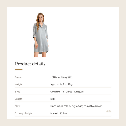 100% Mulberry Silk Shirt Dress Nightgown for Women - Cool-Touch Midi Sleep Dress - product details