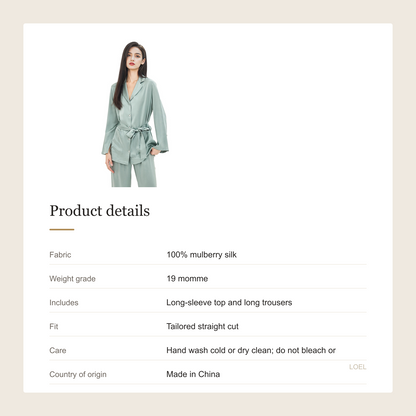 19 Momme 100% Mulberry Silk Pajama Set for Women - Tailored Long Sleeve Loungewear - product details
