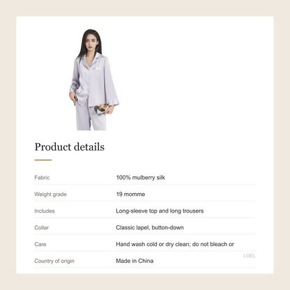 19 Momme 100% Mulberry Silk Pajama Set for Women - Long Sleeve Long Pants Loungewear - product details