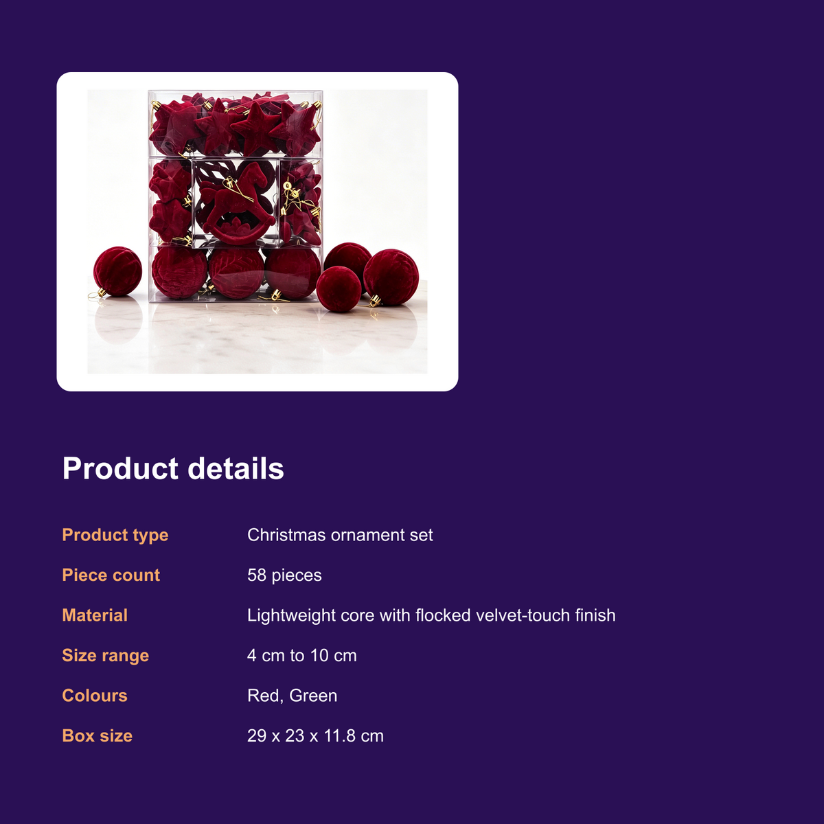 58-Piece Velvet Christmas Ornament Set - Flocked Ball, Star and Deer Decorations for the Tree - product details