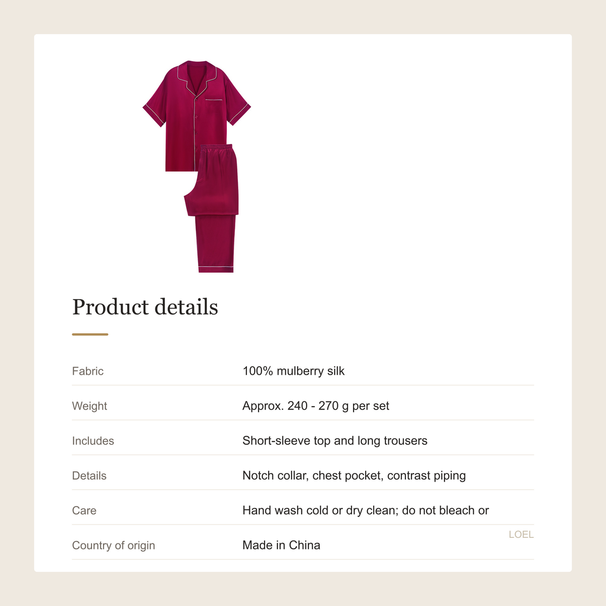 100% Mulberry Silk Short Sleeve and Long Pants Pajama Set for Men - Lightweight Summer Sleepwear - product details