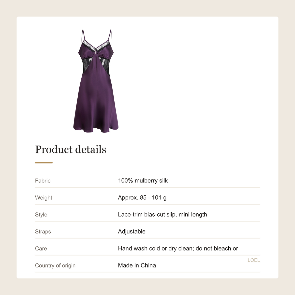 100% Mulberry Silk Lace-Trim Slip Nightgown for Women - Bias-Cut Mini Slip - product details