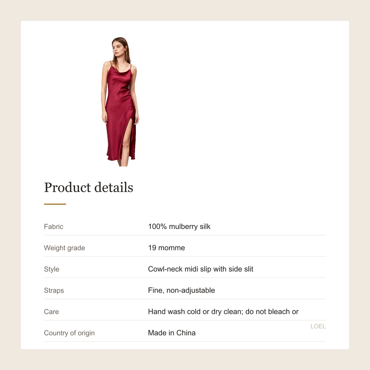 19 Momme 100% Mulberry Silk Slip Nightgown for Women - Cowl Neck with Side Slit - product details