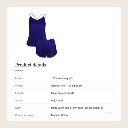100% Mulberry Silk Cami and Shorts Set for Women - Adjustable Straps Summer Sleepwear - product details