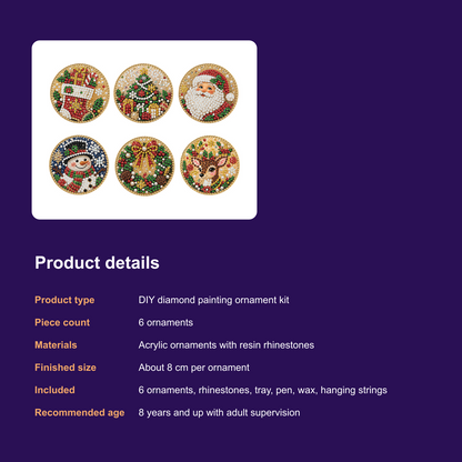 6-Piece Christmas Diamond Painting Ornament Kit - DIY Rhinestone Hanging Decorations - product details