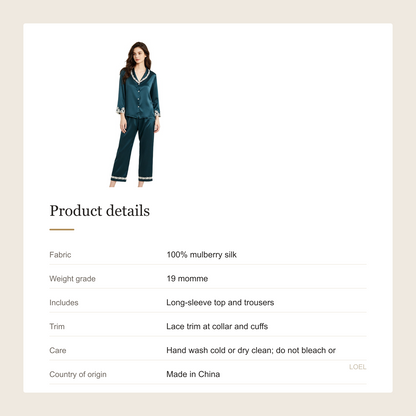 19 Momme 100% Mulberry Silk Pajama Set for Women - Long Sleeve Lace-Trim Cool-Touch Loungewear - product details