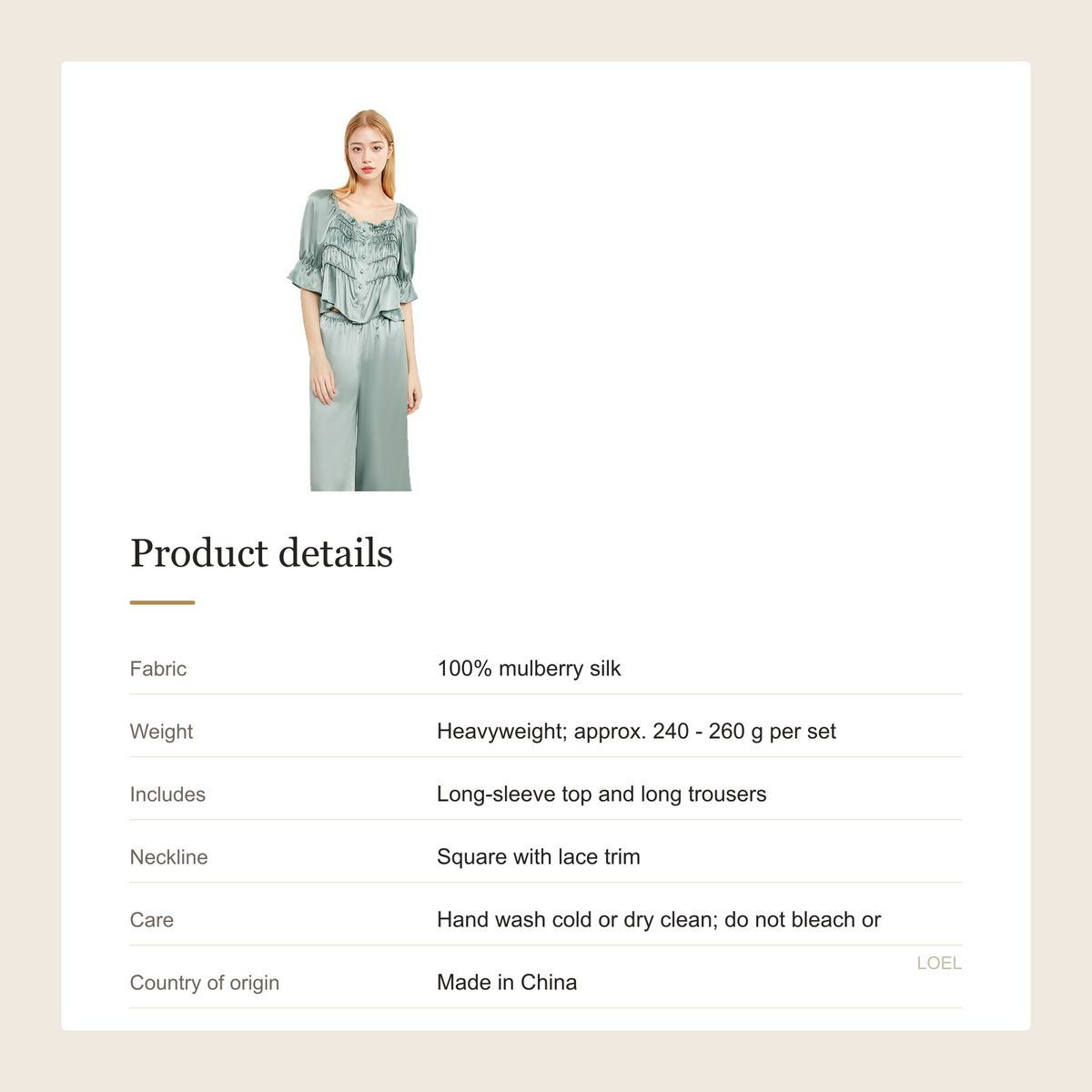 Heavyweight 100% Mulberry Silk Pajama Set for Women - Square-Neck Long Sleeve Loungewear - product details