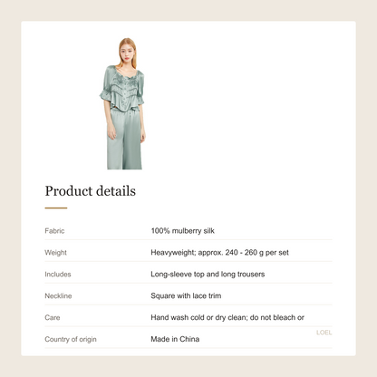 Heavyweight 100% Mulberry Silk Pajama Set for Women - Square-Neck Long Sleeve Loungewear - product details