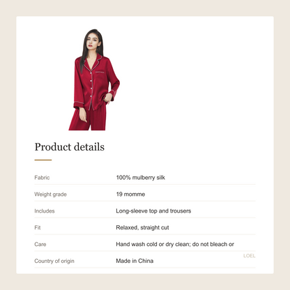 19 Momme 100% Mulberry Silk Pajama Set for Women - Long Sleeve Minimalist Loungewear - product details