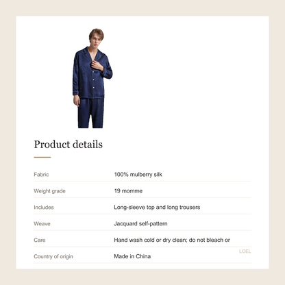 19 Momme 100% Mulberry Silk Jacquard Pajama Set for Men - Long Sleeve Loungewear - product details