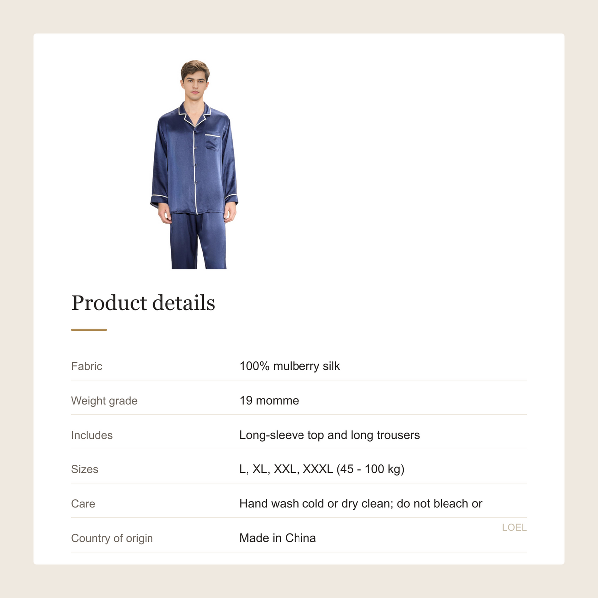 19 Momme 100% Mulberry Silk Pajama Set for Men - Long Sleeve Large Size Loungewear - product details