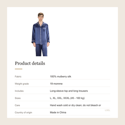 19 Momme 100% Mulberry Silk Pajama Set for Men - Long Sleeve Large Size Loungewear - product details