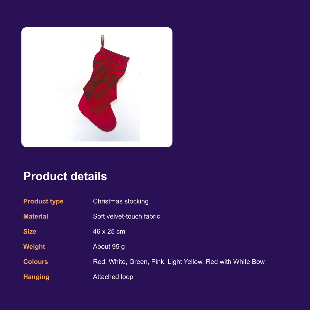 Velvet Christmas Stocking with Bow - 46 cm Hanging Stocking for Fireplace and Tree - product details