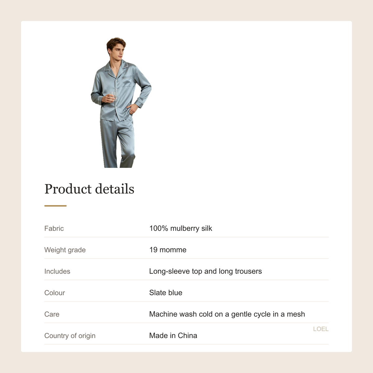 19 Momme 100% Mulberry Silk Pajama Set for Men - Machine Washable Long Sleeve Loungewear - product details