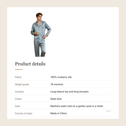 19 Momme 100% Mulberry Silk Pajama Set for Men - Machine Washable Long Sleeve Loungewear - product details