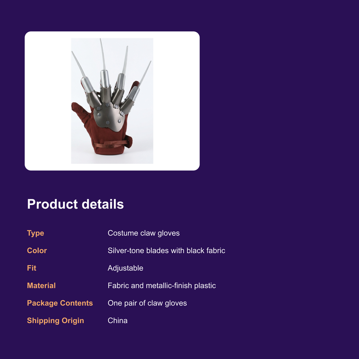 Halloween Metallic Slashing Claw Costume Gloves for Masquerade Parties and Cosplay Performances - product details