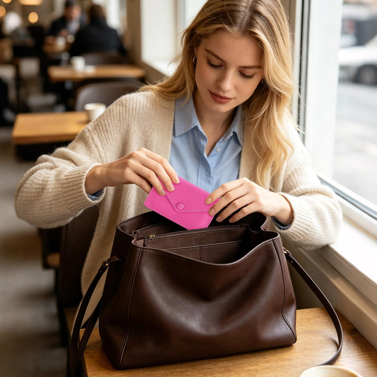 Women's Genuine Leather Card Holder Wallet - Slim Pebbled Cowhide Card Case with 6 Card Slots and Coin Pocket