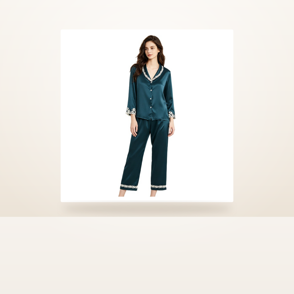 19 Momme 100% Mulberry Silk Pajama Set for Women - Long Sleeve Lace-Trim Cool-Touch Loungewear - studio scene