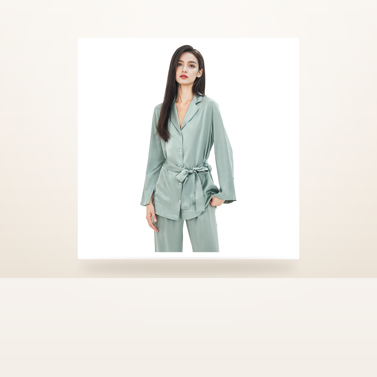 19 Momme 100% Mulberry Silk Pajama Set for Women - Tailored Long Sleeve Loungewear - studio scene