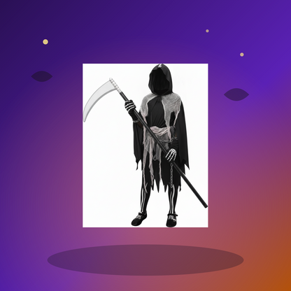 Girls Grim Reaper Halloween Costume with Tattered Hooded Cape and Skeleton Pants - Halloween scene