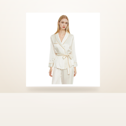 19 Momme 100% Mulberry Silk Robe and Pants Set for Women - Long Sleeve Wrap Loungewear - studio scene