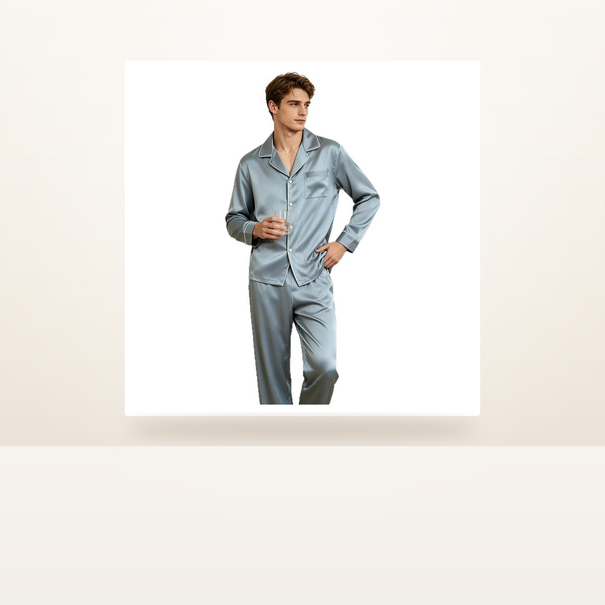 19 Momme 100% Mulberry Silk Pajama Set for Men - Machine Washable Long Sleeve Loungewear - studio scene