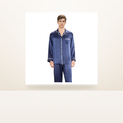19 Momme 100% Mulberry Silk Pajama Set for Men - Long Sleeve Large Size Loungewear - studio scene