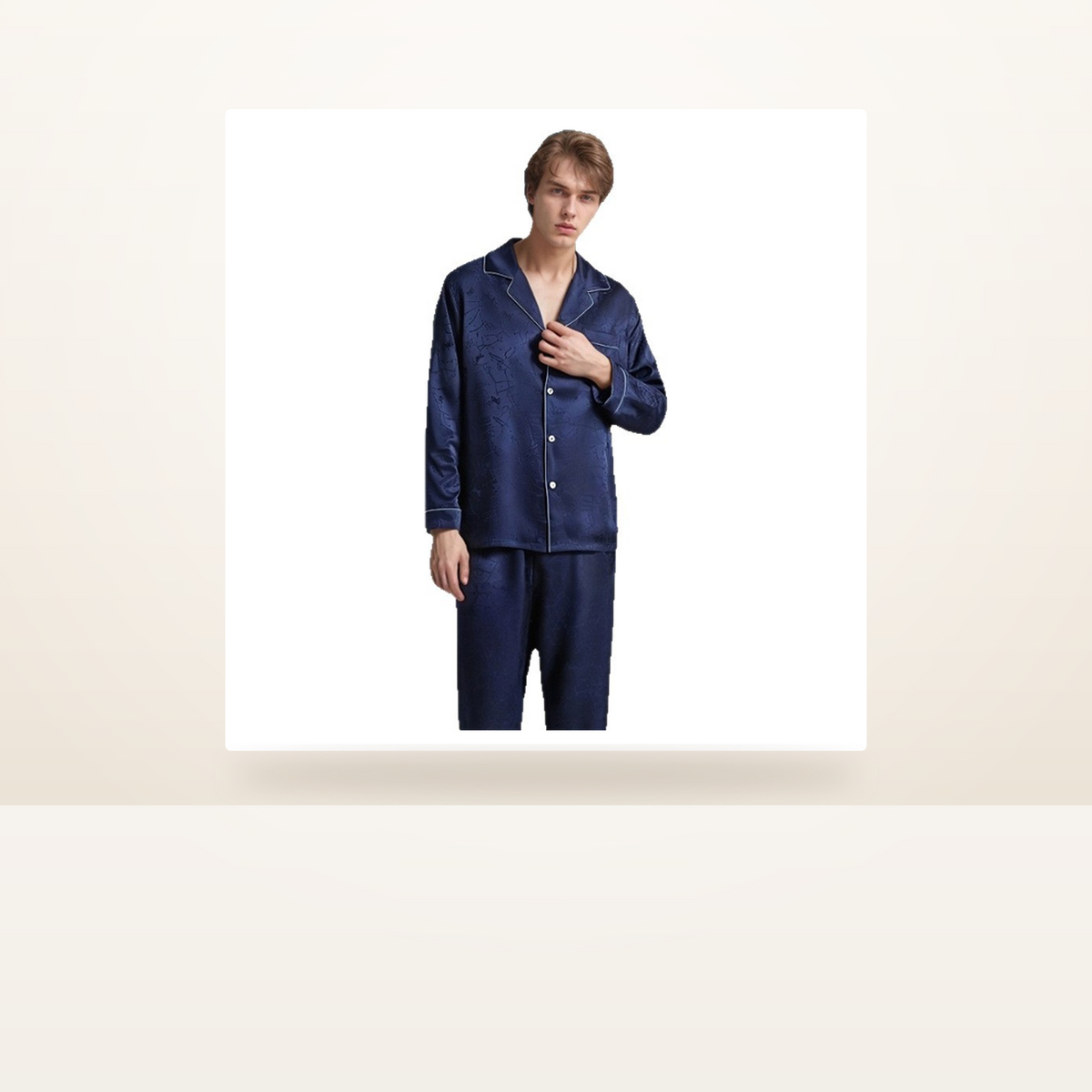19 Momme 100% Mulberry Silk Jacquard Pajama Set for Men - Long Sleeve Loungewear - studio scene
