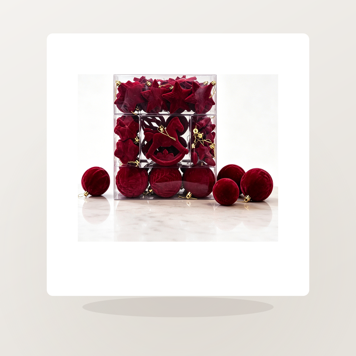 58-Piece Velvet Christmas Ornament Set - Flocked Ball, Star and Deer Decorations for the Tree - lifestyle scene