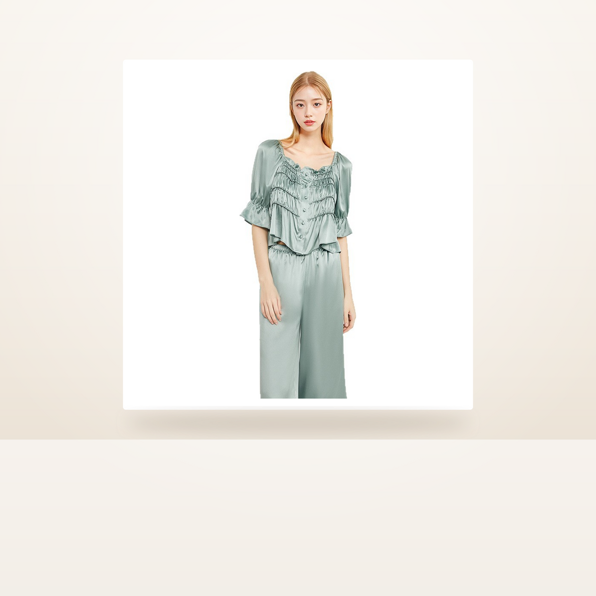 Heavyweight 100% Mulberry Silk Pajama Set for Women - Square-Neck Long Sleeve Loungewear - studio scene