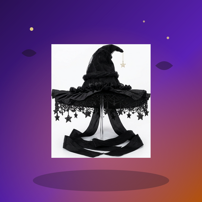 LOEL Gothic Black Velvet Witch Hat with Lace and Star Charms - Halloween scene