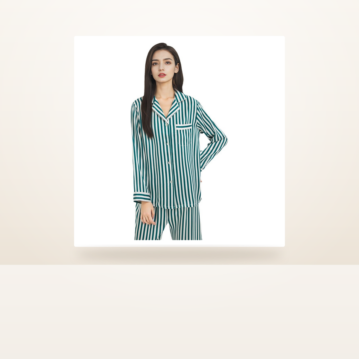 19 Momme 100% Mulberry Silk Striped Pajama Set for Women - Long Sleeve Loungewear - studio scene