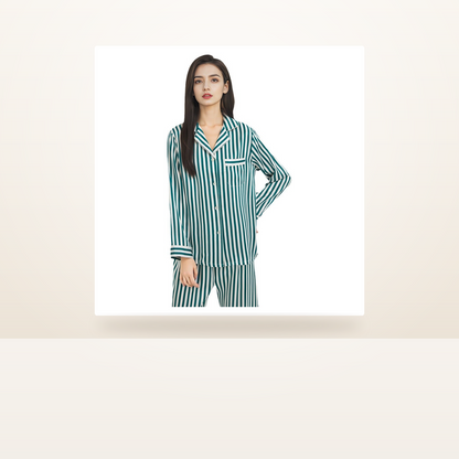 19 Momme 100% Mulberry Silk Striped Pajama Set for Women - Long Sleeve Loungewear - studio scene