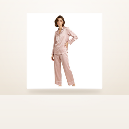 19 Momme 100% Mulberry Silk Pajama Set for Women - Machine Washable Long Sleeve Loungewear - studio scene