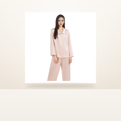100% Mulberry Silk Pajama Set for Women - Doll Collar Long Sleeve Sleepwear - studio scene